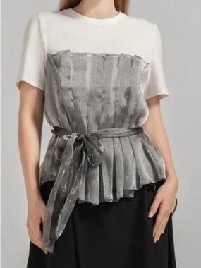 Pleated Satin Tie-Waist Blouse - White & Silver